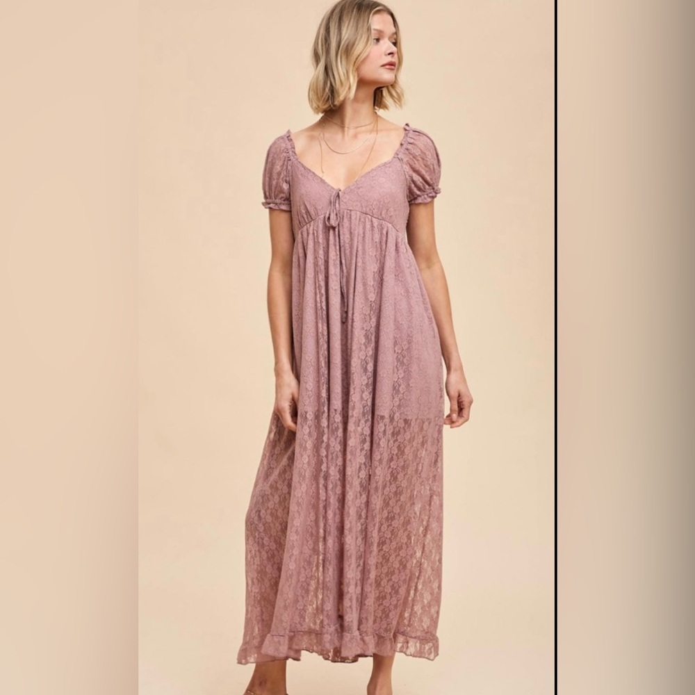 Alaria Desert Rose Sweetheart Allover Lace Smocked Babydoll Maxi Dress